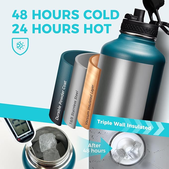 Stainless Steel Water Bottles 64oz - Insulated Half Gallon Water Jug with Straw & Chug Lid, Metal Tactical Canteen for Gym Sports Workout Hiking with Paracord Handle, Strap Carry Sleeve, Army Green