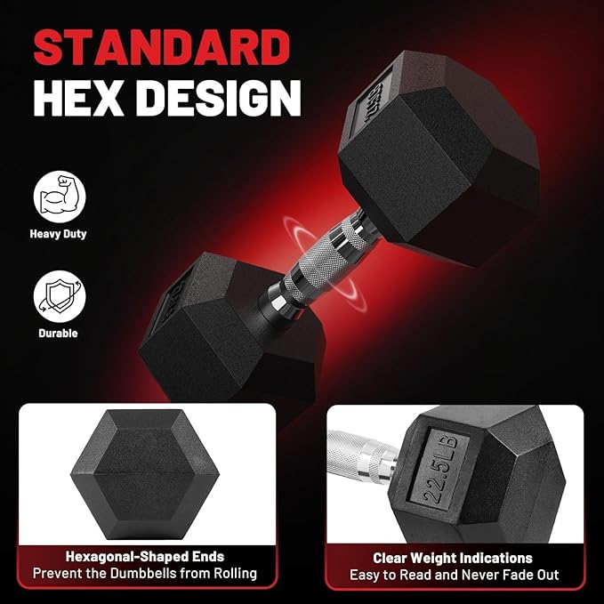 PAPABABE Hex Dumbbell Set with Rubber Grip 2.5-125lb, Odorless Rubber Coated Weight Fixed Dumbbells Set of 2, Weights for Women at Home, Hand Weights for Home Gym & Strength Training,Pesas Para Ejercicios