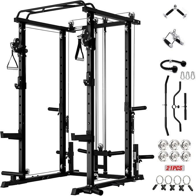RitFit Upgraded PPC-P3 Power Cage, 3-in-1 Home Gym with Aluminum Pulley System, 1200LBS Capacity, Includes LAT Pulldown, Landmine, J-Hooks & 20+ Attachments, Fits Compact Spaces Black Red