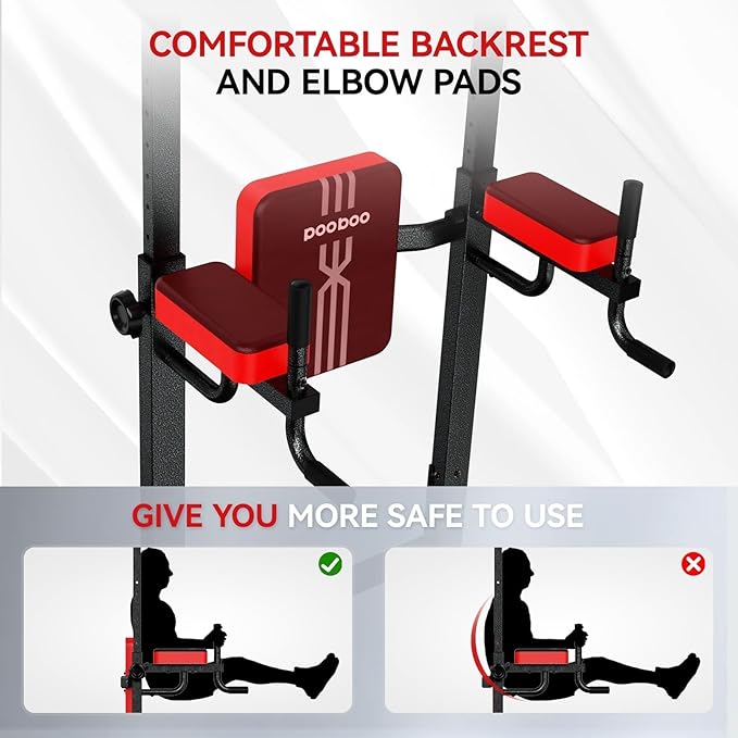 Pooboo Power Tower Dip Station Pull Up Bar for Fitness Home Gym Workout,Multi-Function Adjustable Height Fitness Strength Training Exercise Equipment,with Power Elastic Ropes