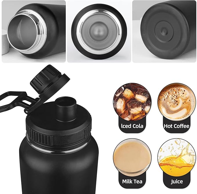 MEZMUT Insulated Water Bottle with Straw&2 Lids 40oz Stainless Steel Water Bottles Sports Metal Water Bottle Double Walled Vacuum Insulated Bottles Cups Leak-Proof Travel Cup (Black)