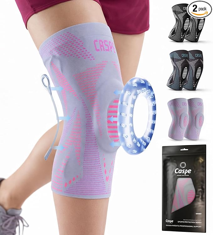 Caspe 2 Pack Compression Knee Brace for Women & Men – Pain Relief Support with Patella Gel Pads & Side Stabilizers – Knee Sleeve for Running, Workout & Arthritis (Pink, Large)