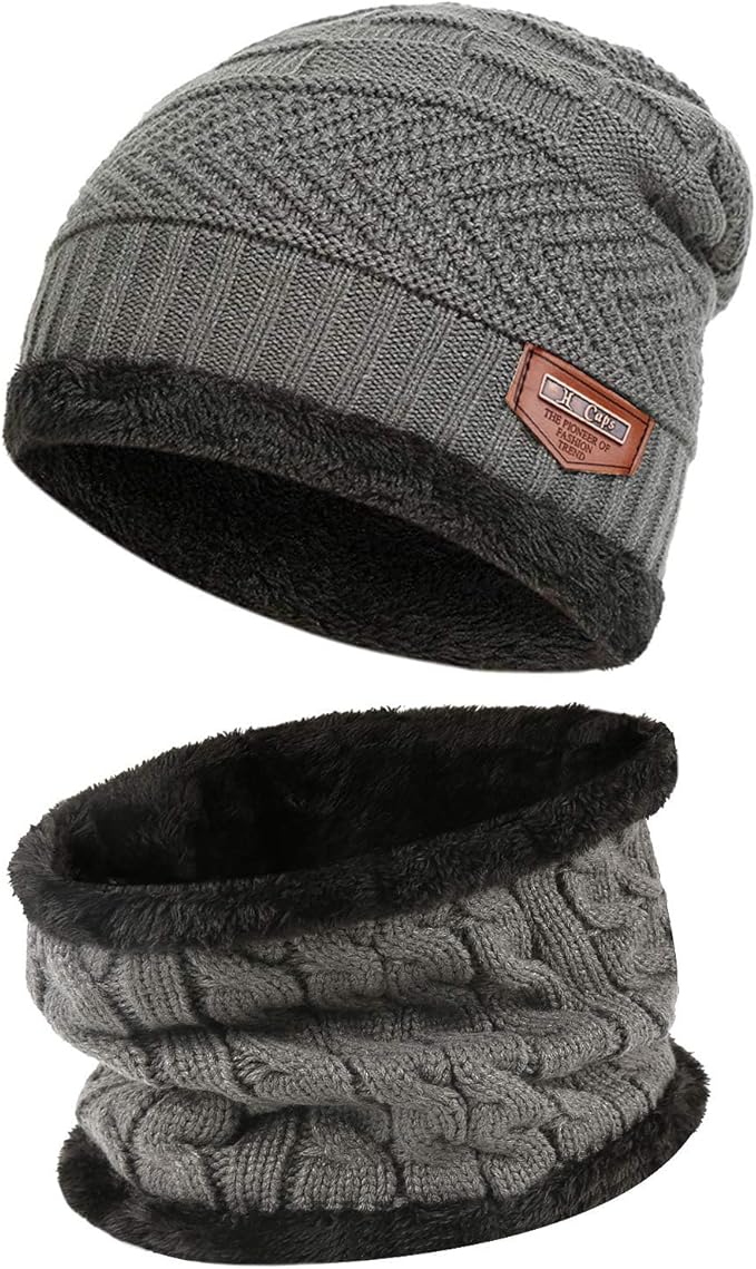 FZ FANTASTIC ZONE Mens Womens Winter Beanie Hat Scarf Set Warm Knit Thick Fleece Lined Skull Cap Neck Warmer for Men Women