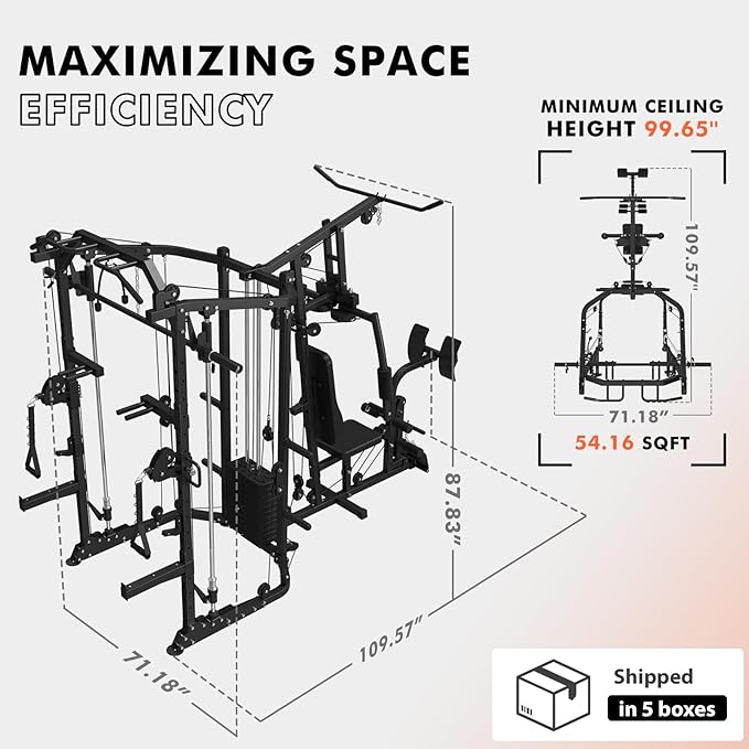 GMWD SmithΔ Machine Power Cage, Multi-Function Home Gym System with Cable Crossover System, Dual-Sided Workout Station with 121LBS Weight Stack, Power Rack, Functional Trainer, All in One Home Gym