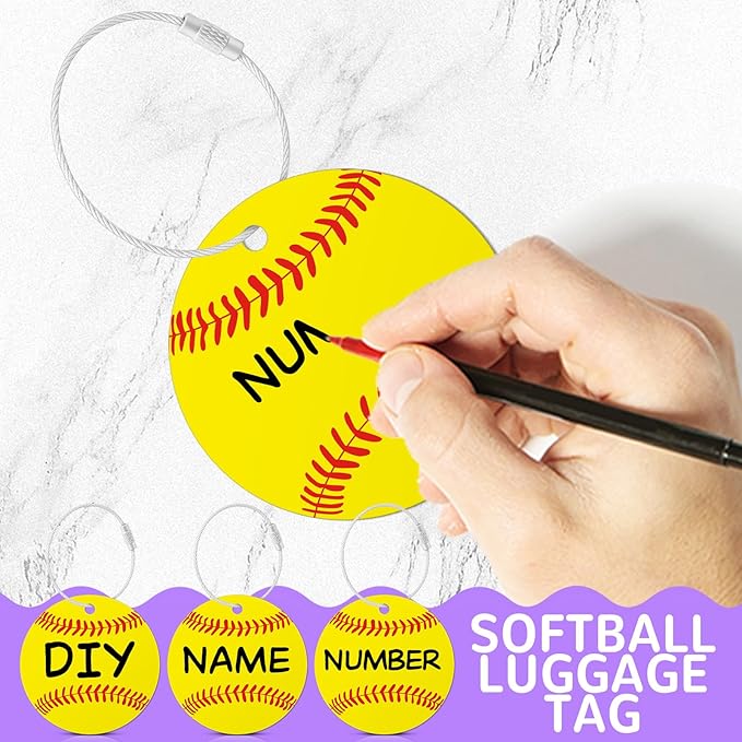 6Pcs Sports (baseball softball football volleyball basketball) Luggage Tags Set for Travel Suitcases Labels with Metal Ring 2.75in Keychain PVC Name Id and DIY Pocket Hug Card for Men Women Travel Bag