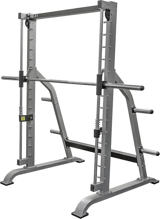 Valor Fitness Smith Machine Multi-Function Power Rack - 500lb Squat Rack or Bench Press Station - 2" Plate Storage Pegs- Attached Sliding Knurled Barbell - Home Gym