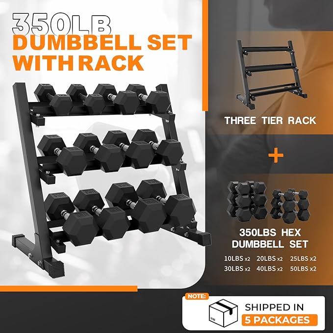 Mikolo Dumbbell Sets with Rack, Rubber Hex Dumbbells, Multiple Choices in 160/200/380/450/550LB, Hand Weights with Chrome Handle for Strength Training