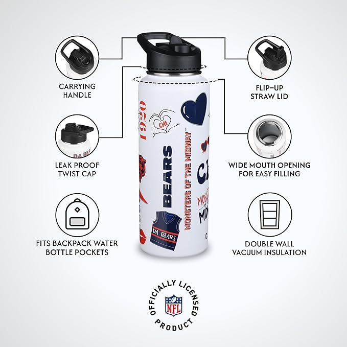 The Memory Company Officially Licensed NFL 34oz Water Bottle - Premium Stainless Steel Double-Wall Insulated, Leakproof Design