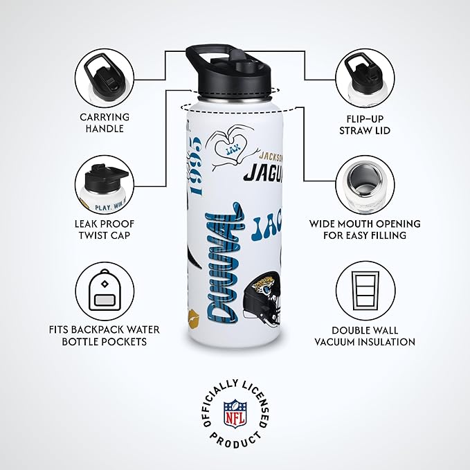 The Memory Company Officially Licensed NFL 34oz Water Bottle - Premium Stainless Steel Double-Wall Insulated, Leakproof Design