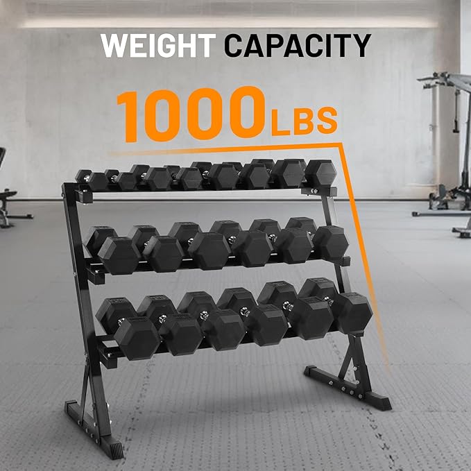 Fitvids 150 LB Rubber Coated Hex Dumbbell Set with Storage Rack, 5-25LB Hand Weight Set with Anti-Slip Grip for Home Gym