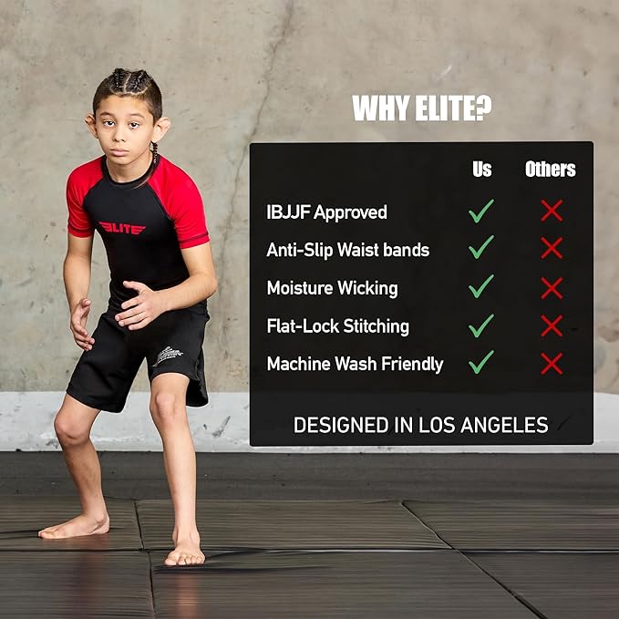 Elite Sports Kids Jiu Jitsu BJJ Rash Guard, Short Half Sleeve Compression Shirt for Youth Boys Girls Sports Nogi Training