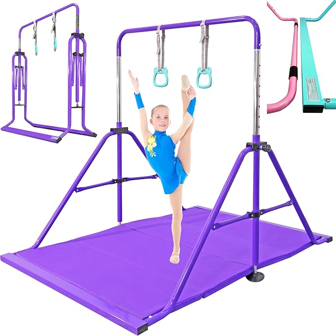 PreGymnastic Folding Gymnastics Bar with Rings, Foldable Kip Bar with Sturdier Base, Training Bar for Kids Ages 3-10, Horizontal Bar, Home Gym Equipment for Boy Girl