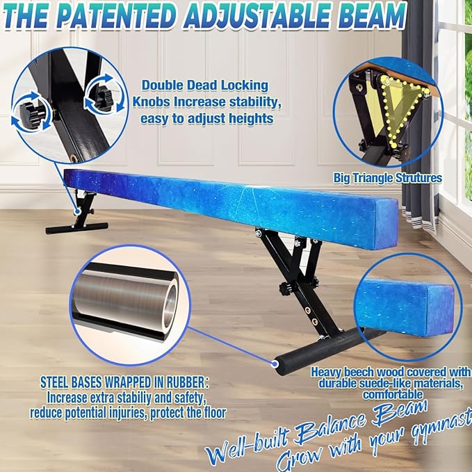 PreGymnastic 8FT Balance Beam, Raised Gymnastics Beam for Kids Ages 3-12, Home Gym Equipment for Training, Adjustable Balancing Beam Indoor, Off-Ground Competition Style
