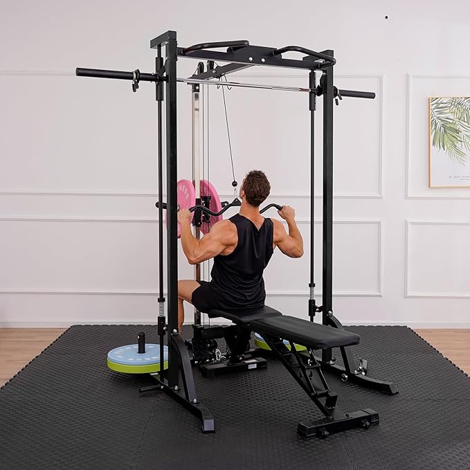 Smith Machine Power Cage Squat Rack with LAT-Pull Down System, 1000LBS Capacity, Landmine, Barbell Bar, Plate Storage Pegs and More Training Attachment for Garage Workout & Home Gym