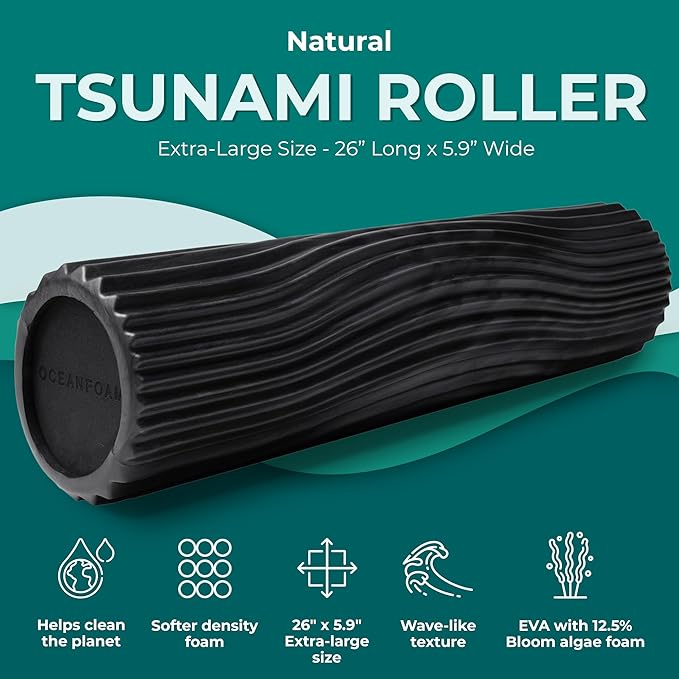 Oceanfoam Tsunami Roller (Black & Charcoal Marbled) - Extra-Large, 26" x 5.9" - Soft, Textured Foam Roller for Physical Therapy, Back Pain, Exercise & Stretching - Yoga, Athletics, & Wellness