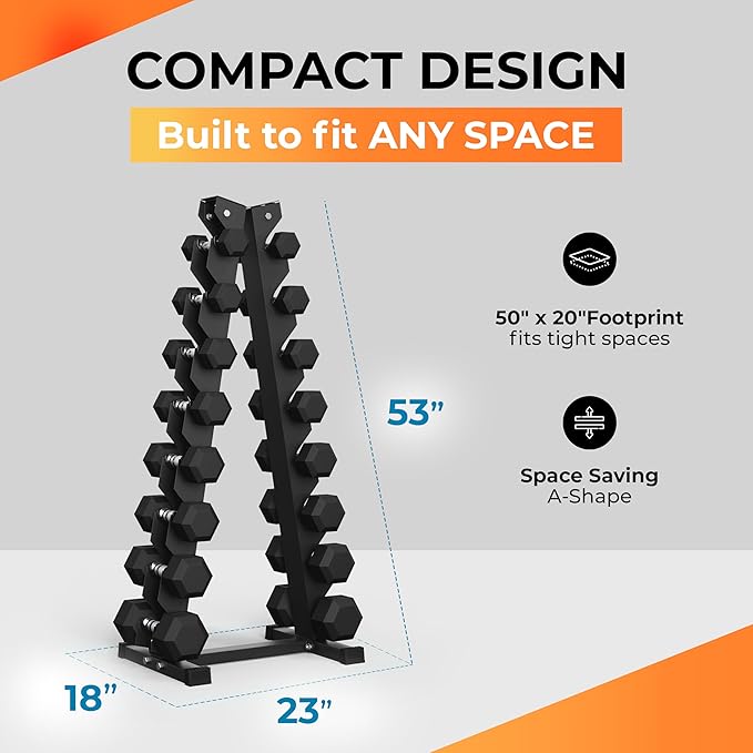 Rubber Hex Dumbbell Set with Rack, 8/10/12/15/20 Pair (450/550/780/1200/1550/2100 lbs total) Weight Rack with Dumbbells for Home Gym & Strength Training