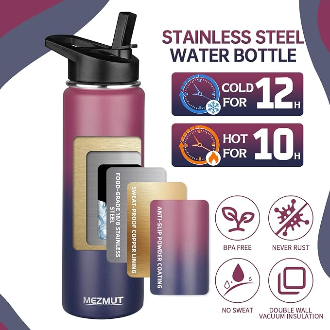 MEZMUT Insulated 24oz Stainless Steel Water Bottle with Straw & 2 Lids - Sports Metal Thermos Cup - Double Walled Vacuum Insulated Bottle - Leak-Proof Travel (Gradient Red Blue)