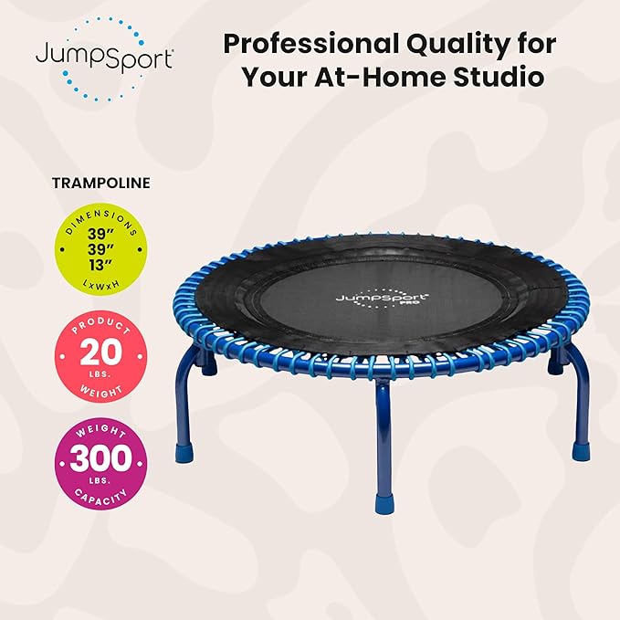 JumpSport 350 PRO Fitness Trampoline, Cardio Workout, No-Tip Arched Legs Home Gym Equipment, Adjustable Bungees & 60 Day Trial Video
