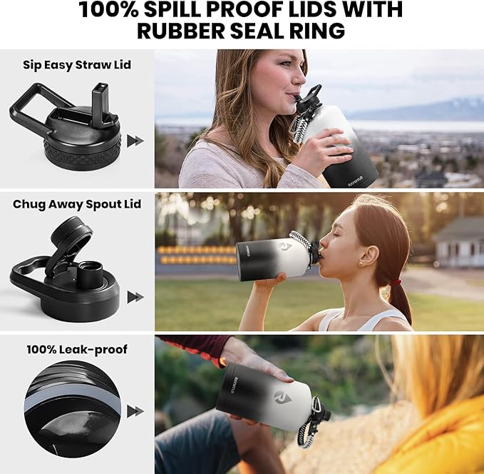 One Gallon Water Bottle Insulated, Triple Walled Vacuum Stainless Steel (Cold for 48 Hrs), Leak Proof & Non-BPA, Large Water Flask Jug with Paracord Handle & Straw Spout Lids