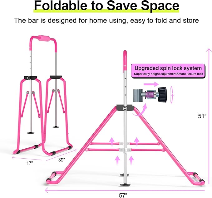 Safly Fun Foldable Gymnastics Bar for Kids, Adjustable 35"-51", Sturdy 145 lbs Capacity, Easy-to-Assemble, Gymnastics Equipment for Kids for Indoor/Outdoor Training