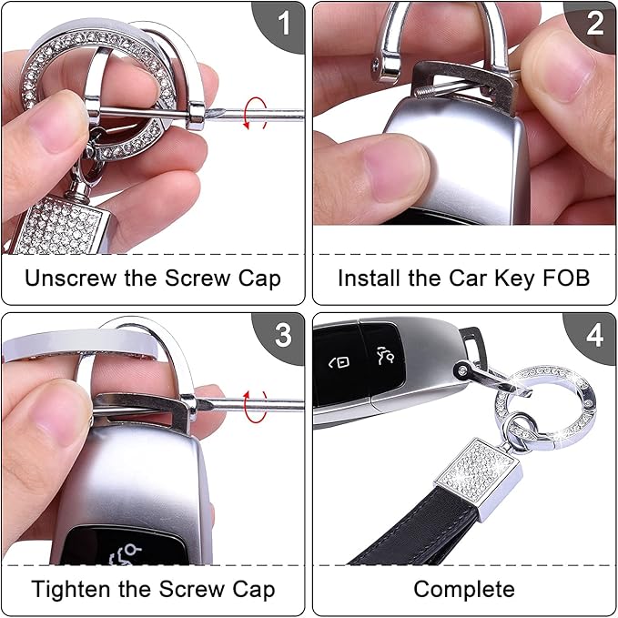 Wisdompro Genuine Leather Car Keychain, Bling Key FOB Holder Leather Loop Keychains for Women Girls with Crystal Rhinestones and 2 Keyrings - Black