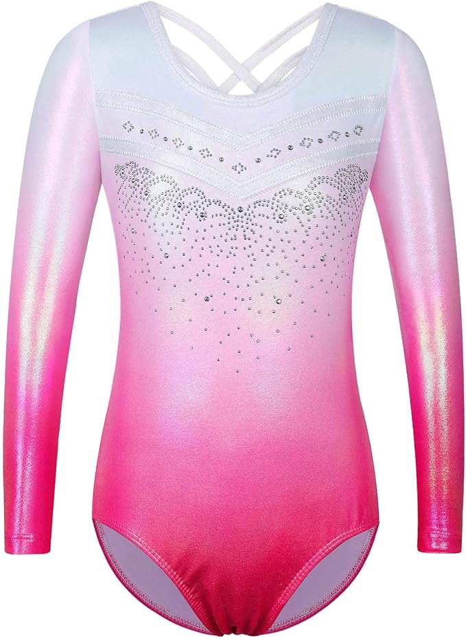 BAOHULU Gymnastics Leotards for Girls Long Sleeve Sparkly Cute Pattern Dance Outfit with Matching Shorts Set
