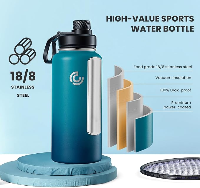 COKTIK 32oz Sports Water Bottle, Stainless Steel Water Bottle for Insulated, Reusable Travel Bottle, With Straw, With Handle Grip for Easy Carrying, Suitable for Cycling, Outdoor Vacations(Dark Night)
