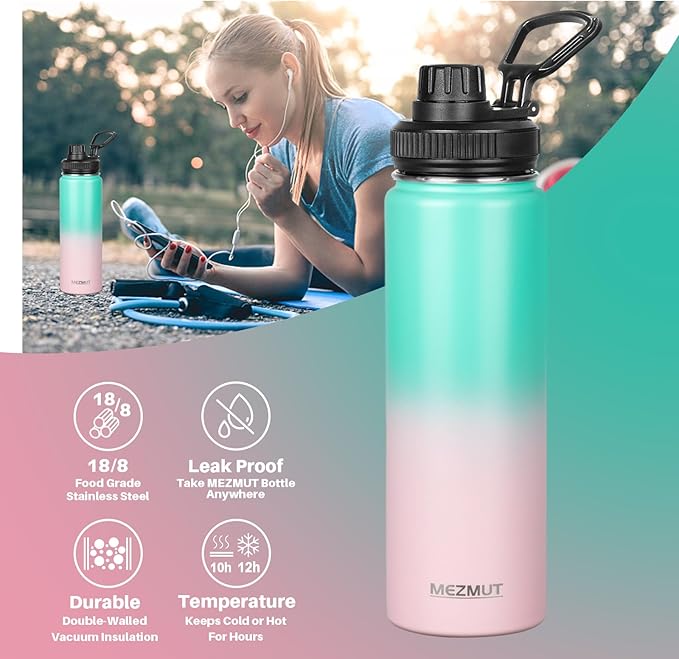 MEZMUT Insulated Water Bottle 24oz Stainless Steel Water Bottles with Straw&2 Lids Sports Metal Water Bottle Cup Double Walled Vacuum Insulated Bottles Leak-Proof Travel (Gradient Green Pink)