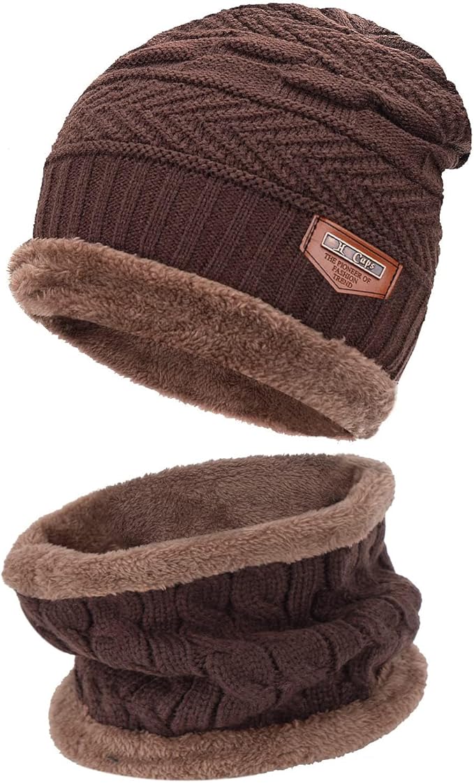FZ FANTASTIC ZONE Mens Womens Winter Beanie Hat Scarf Set Warm Knit Thick Fleece Lined Skull Cap Neck Warmer for Men Women