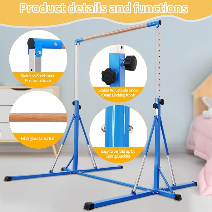 Gymnastics Bar for Kids Ages 3-15, 35" to 60" Adjustable Height, 4FT Wide Base - Professional Kip Bar with 360° Stability & Fiberglass Crossbar, Easy Fold&Solid Design for Home Training