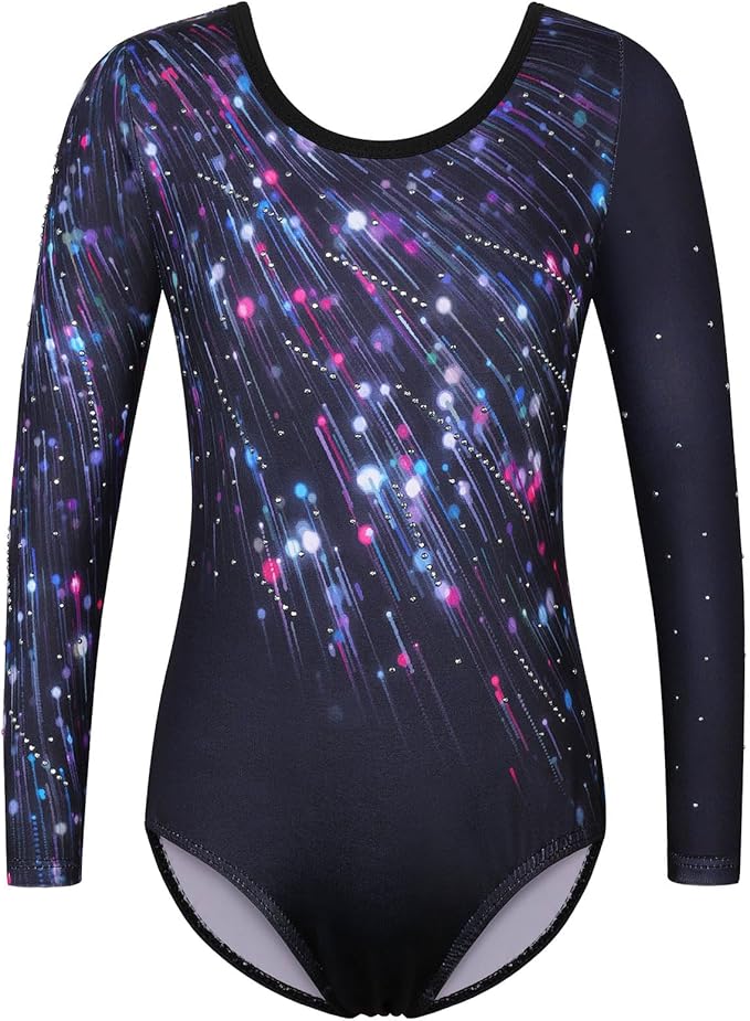 BAOHULU Gymnastics Leotards for Girls Long Sleeve Sparkly Cute Pattern Dance Outfit with Matching Shorts Set