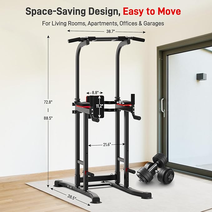 Outdoor Basic Power Tower, Pull Up Bar and Dip Station for Home Gym, 1600LBS Weight Capacity, Adjustable Height, Heavy Duty Steel Frame for Calisthenics, Strength Training Fitness Equipment