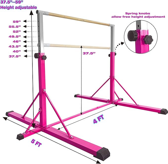 Gymnastics Bar for Kids Ages 3-15, 35" to 60" Adjustable Height, 4FT Wide Base - Professional Kip Bar with 360° Stability & Fiberglass Crossbar, Easy Fold&Solid Design for Home Training