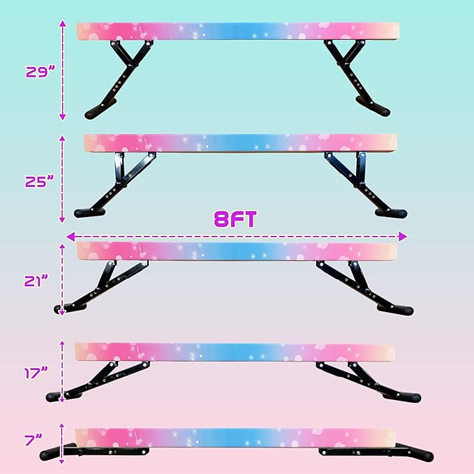 PreGymnastic 8FT Balance Beam, Raised Gymnastics Beam for Kids Ages 3-12, Home Gym Equipment for Training, Adjustable Balancing Beam Indoor, Off-Ground Competition Style