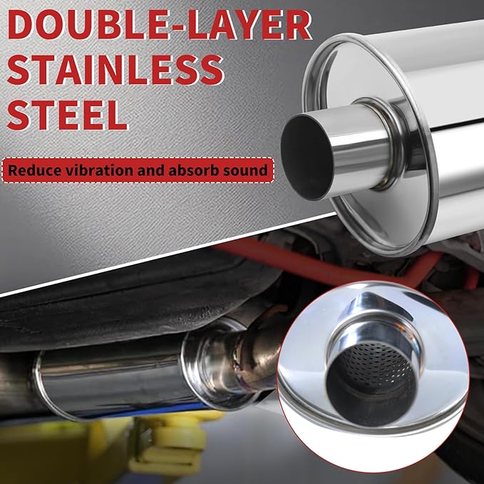 LCGP 2.25” Ultra Quiet Resonator, 2.25'' Inlet & Outlet 14" Overall Length Universal Muffler, 304 Stainless Steel vibrant performance resonator 2.25", Oval Muffler Shape, Silver