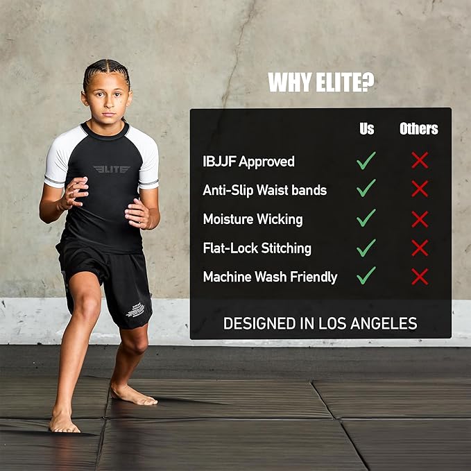 Elite Sports Kids Jiu Jitsu BJJ Rash Guard, Short Half Sleeve Compression Shirt for Youth Boys Girls Sports Nogi Training