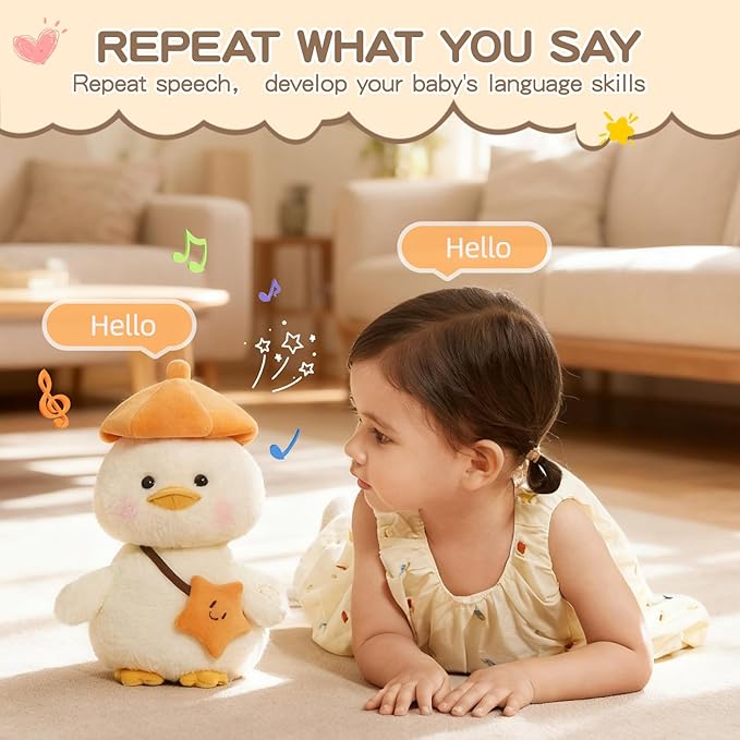 Plush Interactive Talking Duck Toy for Baby Toddler, Toys Boys Girls Gifts Singing Mimicking Recording Repeating What You Say,Head Sway Duck with 8 English Songs for Toddlers 1-3 Years Old, White