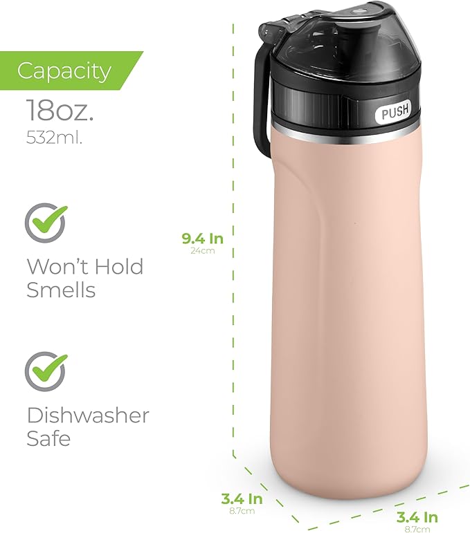 SIPX Stainless Steel Water Bottle, 18oz, Peach, Reusable, BPA-Free, Keeps Cold 24hr, Triple Insulated, Leak Proof Straw Lid, Sustainable Material, Hiking