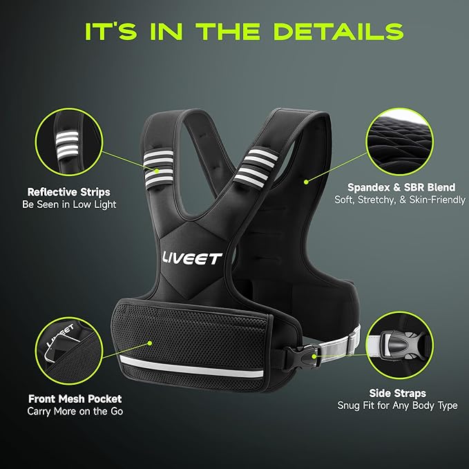 Adjustable Weighted Vest for Women Men, 4-10lb 11-20lb 20-32lb Weight Vest with 6 Ironsand Bags, Running Vest with Reflective Strips Adjustable Buckle Straps for Walking Strength Training