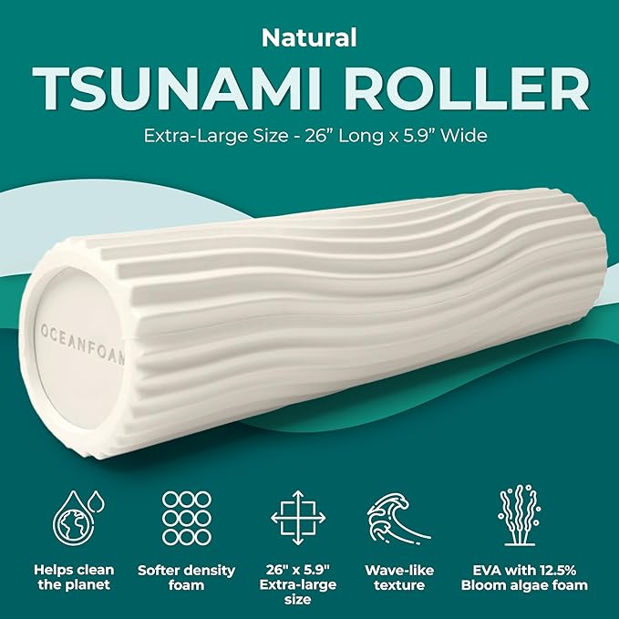 Oceanfoam Tsunami Roller (Natural) - Extra-Large, 26" x 5.9" - Soft, Textured Foam Roller for Physical Therapy, Back Pain, Exercise & Stretching - Wave Textured - Yoga, Athletics, & Wellness