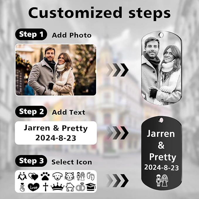 Personalized Keychain with Engraved Photo & Text Customized Custom Gift for Boyfriend, Girlfriend Valentine's Day gift