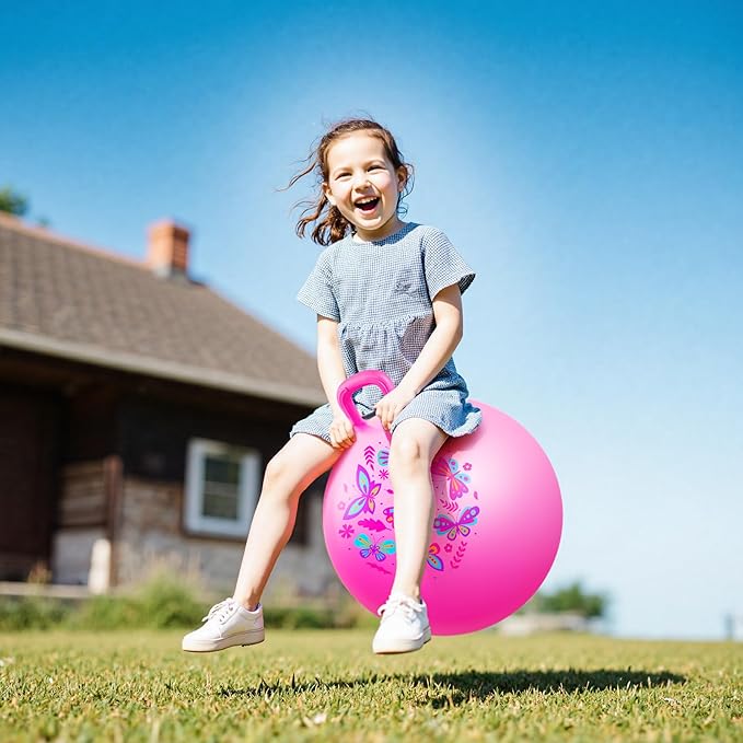 EVERICH TOY Hopper Ball, Pink Butterfly Hopping Toys for Kids, 18 Inch Bouncy Ball with Handle, Indoor Outdoor Inflatable Hoppity Hop Toy for Girls Boys Gift with Free Christmas Accessories