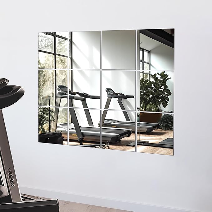 Home Gym Mirror Tiles for Wall, 12"x12"x12PCS Full Length Home Gym Workout Mirror for Garage, Bedroom, Living Room, Over The Door
