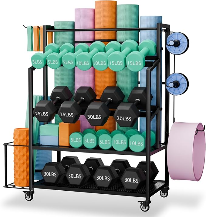 600LBS Dumbbell Rack Weight Stand - Adjustable Weight Rack with Angle Iron for Dumbbells, Home Gym Storage Rack for Yoga Mat Foam Roller Kettlebells, Workout Equipment Storage Organizer With Wheels
