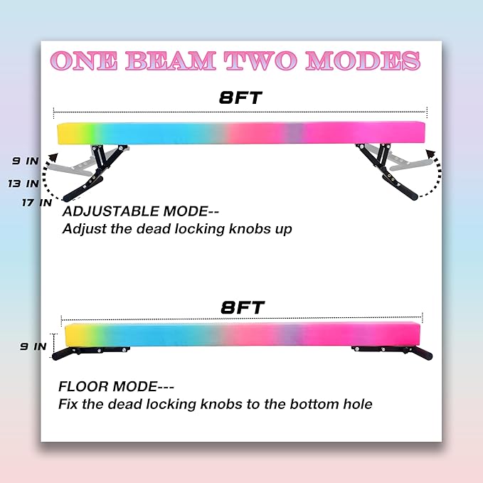 Adjustable Balance Beam for Kids, 8FT Gymnastics Beam with Anti-Slip Legs, High and Low Floor Beam for All Gymnastics Levels, Professional Gymnastic Equipment for Home, Gym Center