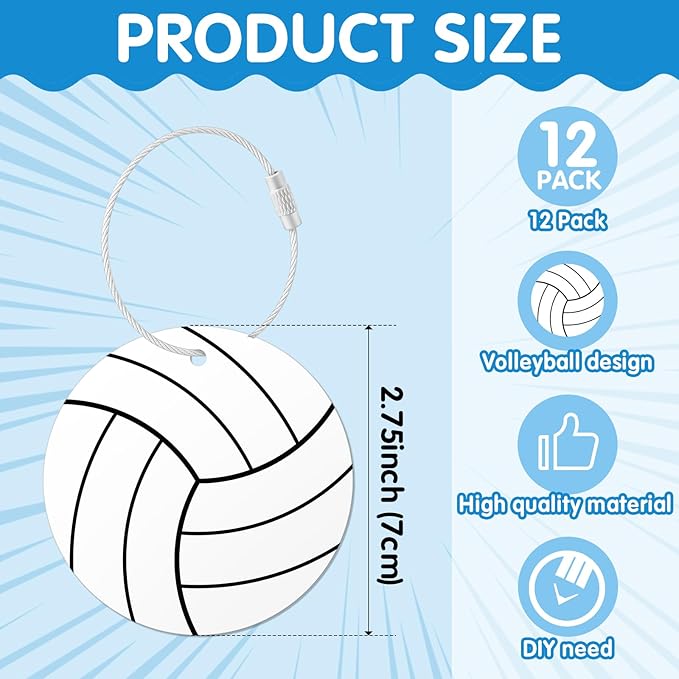 12 Pcs Volleyball Luggage Tags for Travel Suitcases Labels with Metal Ring 2.75in Volleyball Keychain, PVC Name Id and DIY Pocket Hug Card,Backpack Charm for Men Women Travel Bag Suitcase