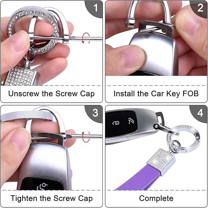 Wisdompro Genuine Leather Car Keychain, Bling Key FOB Holder Leather Loop Keychains for Women Girls with Crystal Rhinestones and 2 Keyrings - Purple