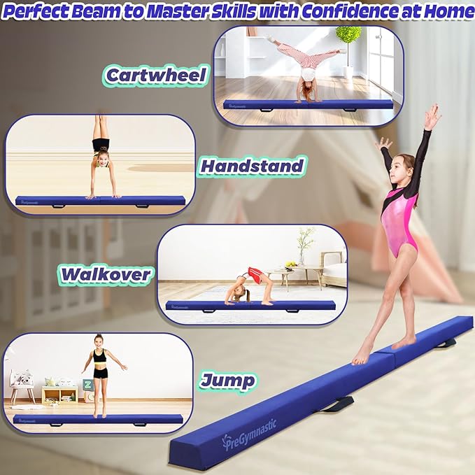 PreGymnastic 6FT/8FT/9.5FT Folding Balance Beam for Kids Ages 3-12, Foldable Gymnastics Floor Beam-Extra Firm Suede Cover with Carrying Bag for Home-Gym Equipment for Toddler Teenager