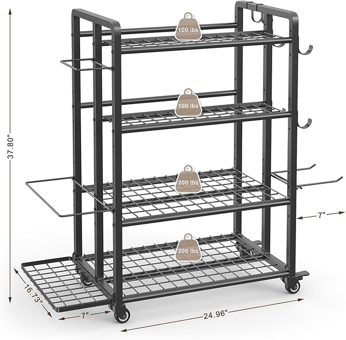 4-Tier Dumbbell Rack Stand Only, Adjustable Weight Rack for Dumbbells Kettlebells Yoga Mat, Home Gym Storage Rack with Wheels and Hooks, Powder Coated Finish