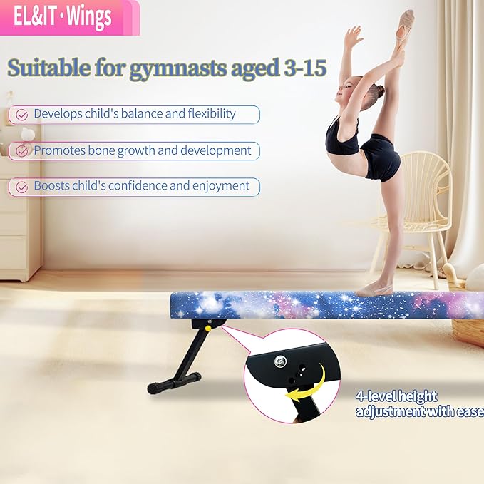 EL&IT·Wings 6ft/8ft Gymnastic Balance Beam, Adjustable High and Low Level Floor Beam - Highly Stable - Gym Practice Training Equipment for Kids Children Girls Home